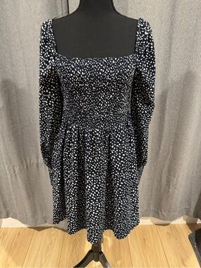 Francesca's Collections Navy and White Smocked Square Neck Midi Dress